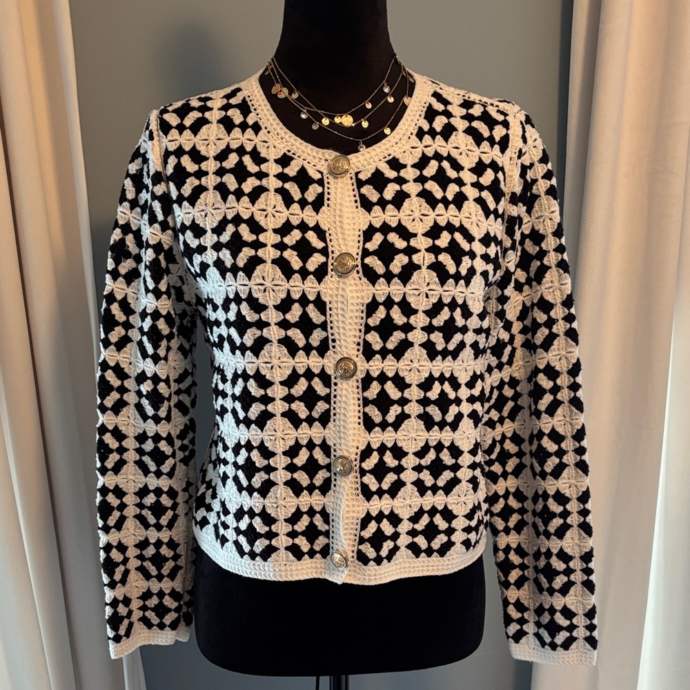 Ann Taylor Crocheted Black and White Patterned Cardigan
